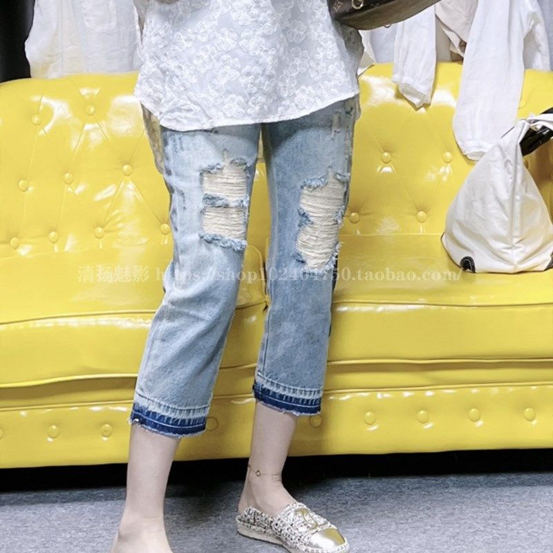 欧货2024夏季新款显瘦时尚个性水洗破洞宽松百搭八分直筒牛仔裤女,淘宝优惠券,粉丝福利购,淘宝优惠卷