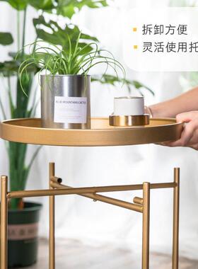 北欧简约小茶几边几角几小圆桌子客厅沙发圆形小边桌铁艺双层茶盘