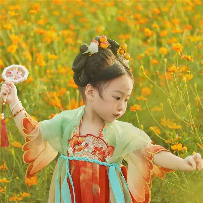 石榴花神女童汉服中国风万针刺绣齐胸襦裙儿童古装连衣裙公主裙唐 - 图0