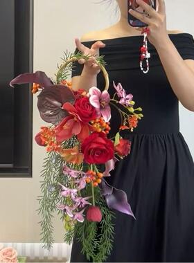 紫色瀑布手捧花仿真花高级新娘结婚当天摄影拍照假花束保湿玫瑰花