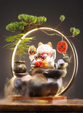 中式流水生财摆件家居客厅办公室桌面创意陶瓷招财猫装饰开业礼品
