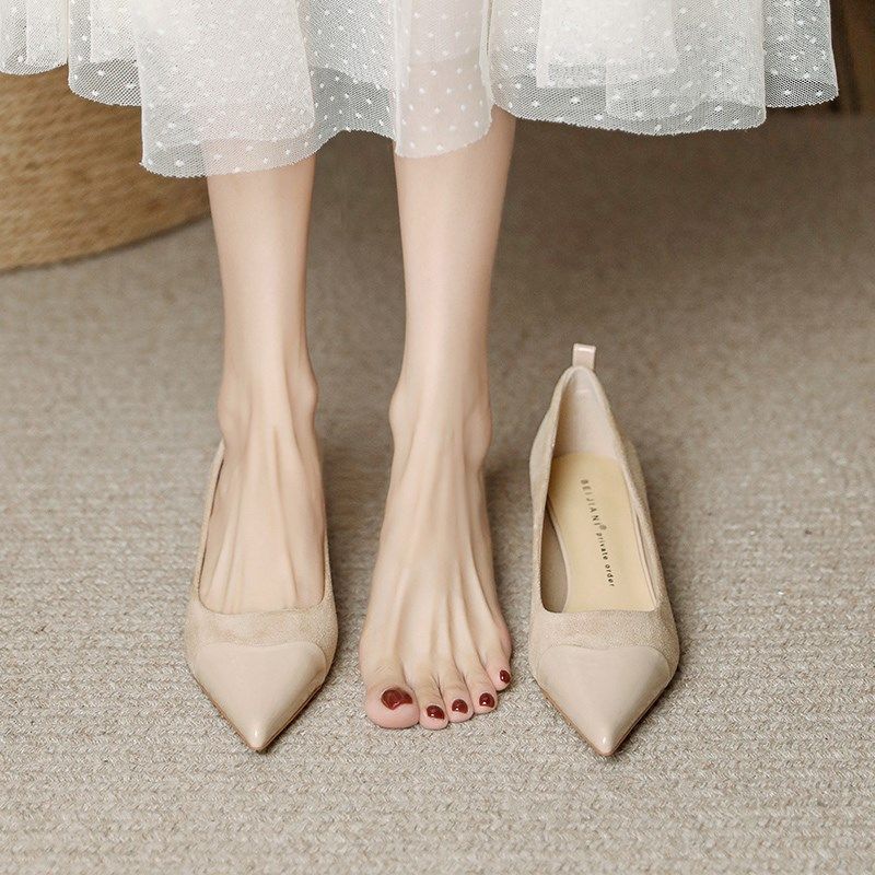 裸色尖头小跟猫跟气质软皮细跟单鞋高跟鞋女2024春夏三公分不累脚,淘宝优惠券,粉丝福利购,淘宝优惠卷