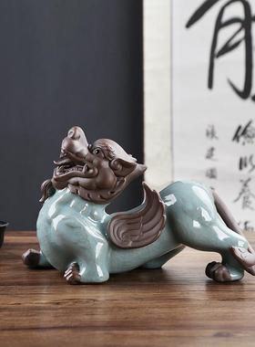 陶瓷招财貔貅摆件家居客厅办公室桌面装饰品瑞兽麒麟茶宠可养