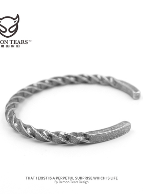 新品简约风纳瓦霍复古做旧扭纹麻花古银开口男女手镯方形个性手环