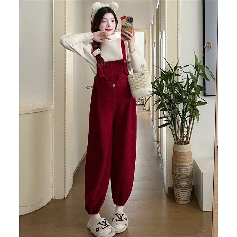 孕妇套装秋冬2023新款加绒加厚宽松可调节抽绳过年红背带裤打底衫,淘宝优惠券,粉丝福利购,淘宝优惠卷