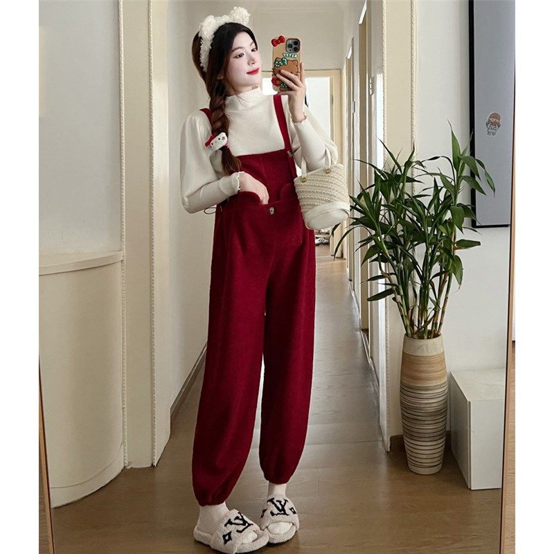 孕妇套装秋冬2023新款加绒加厚宽松可调节抽绳过年红背带裤打底衫,淘宝优惠券,粉丝福利购,淘宝优惠卷