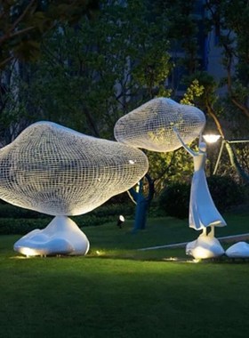 厂家定制玻璃钢抽象人物云朵雕塑园林景观售楼部草V坪造景装饰摆