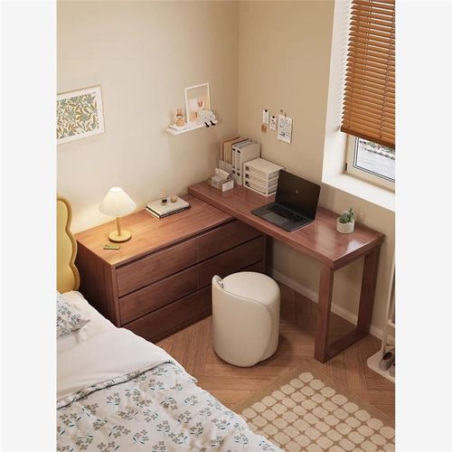 全实木北欧梳妆台斗柜书桌一体卧室转角化妆桌可伸缩L型收纳柜 - 图2