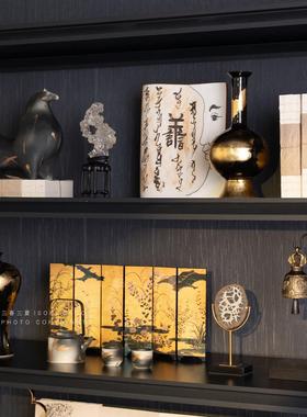 新中式会所样品屋展示中心书房书柜软装金箔花器装饰品摆件办公室