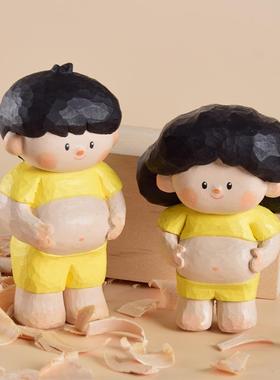 手工木雕卡通人物丨办公室工位电脑桌面情侣摆件创意装饰治愈可爱