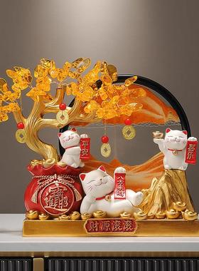 招财猫发财树流沙画 画摆件开 业礼物店铺前台装饰品客厅新居乔迁