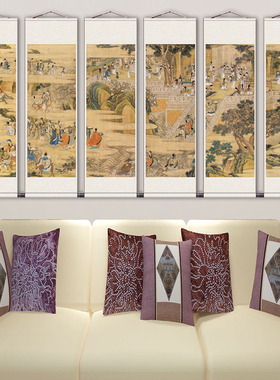 群仙祝寿图人物六条屏字画卷轴装饰国画丝绸礼品送客户风水画套装