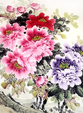 无落款牡丹挂画纯手绘新中式客厅装饰画水墨花鸟壁画卧室挂画国画