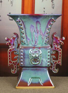 禹州钧瓷花瓶家居客厅办公室桌面陶瓷器钧窑摆件礼盒装绿色华夏鼎