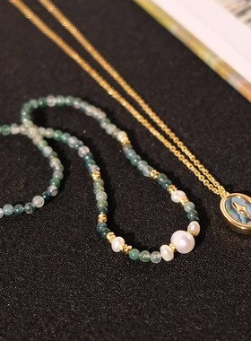 非常好看 法式小众天然石珍珠细串珠项链鲍贝椭圆吊坠叠戴项链潮