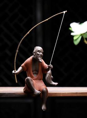 盆景江太公钓翁老人小摆件陶瓷微景观人物鱼缸装饰景观成套配件