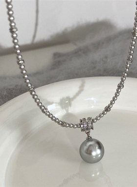 大米饰品】迷你小珍珠项链女轻奢小众高级感真多麻灰色吊坠毛衣链