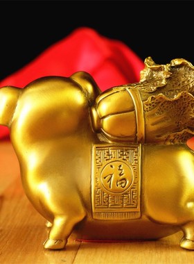 新款纯铜百财金猪摆件生肖猪拉白菜招财富贵O猪客厅办公室桌面装