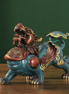 彩绘貔貅摆件一对全黄铜皮丘貔恘招财办公室客厅R装饰开业礼铜貔