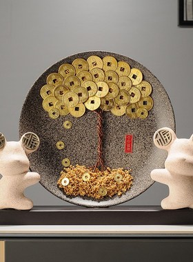客厅酒柜摇钱树发财摆件电视柜玄关E盘子装饰品招财鹿前台开业礼