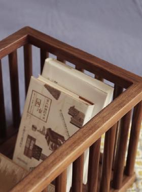 黑胡桃木收纳筐杂物框实木储物盒禅意新中式桌面置物篮