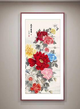 新中式牡丹花鸟画玄关装饰画竖版客厅挂画植物花卉有框壁画