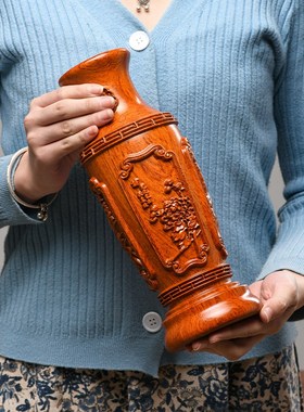 黑檀木雕花梨木装饰花瓶红木摆件实木家居客厅中式插花雕刻工艺品