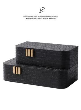 轻奢现代木质黑色皮革软装首饰盒衣帽间收纳饰品盒样板房玄关装饰