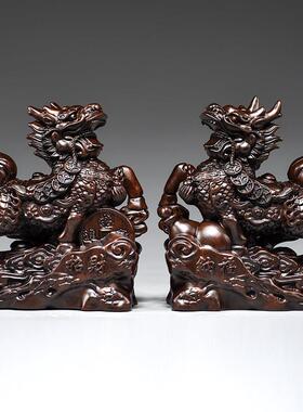 黑檀木质麒麟雕刻摆件一对木头家用门口头朝外木制瑞麟装饰工艺礼