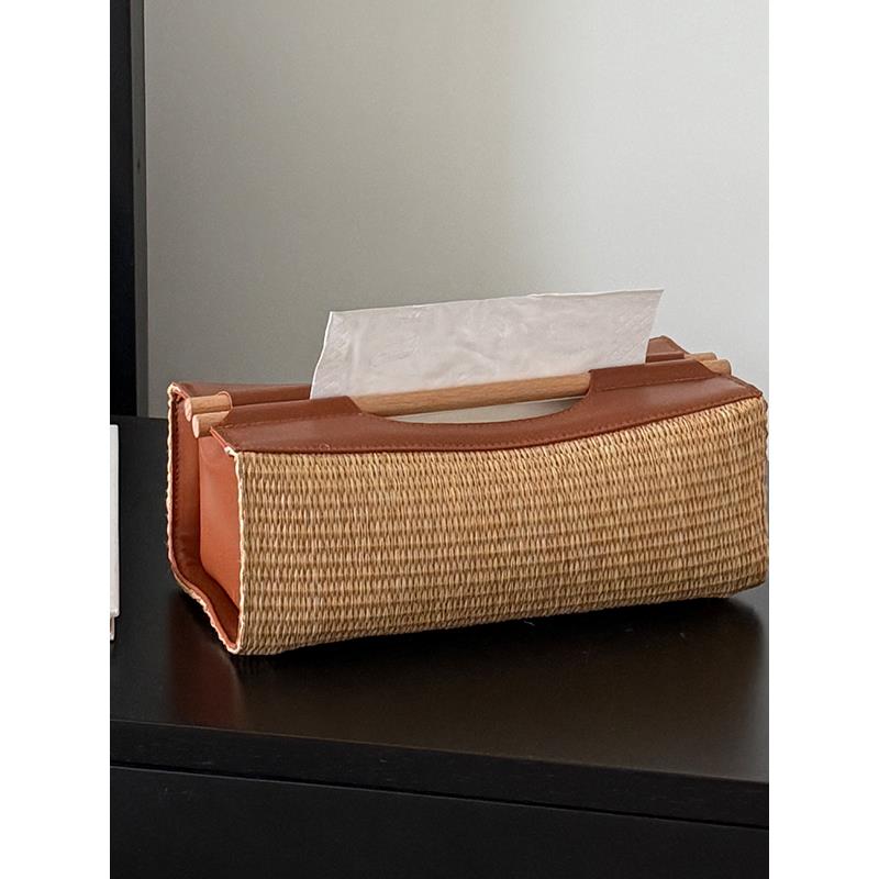 SilentWind中古编织皮革纸巾盒家用客厅玄关餐巾收纳盒桌面抽纸盒 - 图0