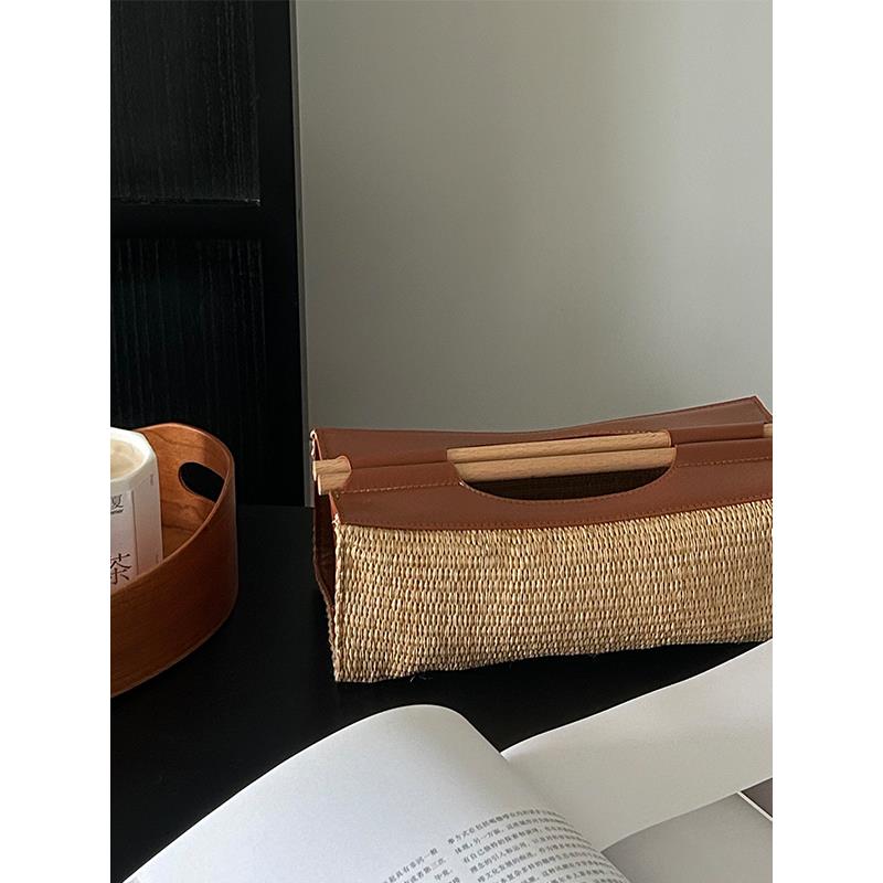 SilentWind中古编织皮革纸巾盒家用客厅玄关餐巾收纳盒桌面抽纸盒 - 图1