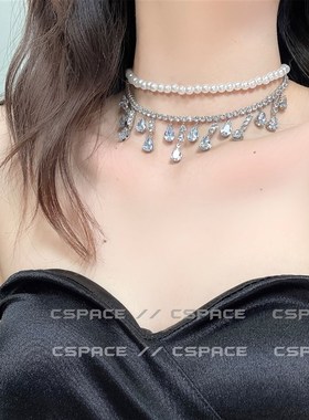 珍珠水滴锆石锁骨链女团风双层流苏串珠项链高级感叠戴气质颈链