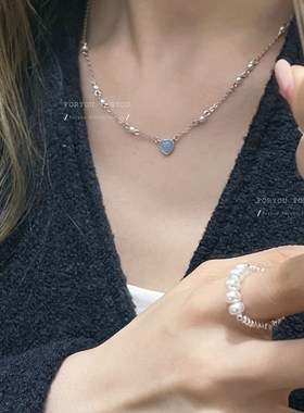 雾漫冰心~蓝色爱心珍珠项链女轻奢小众高级设计感甜美百搭锁骨链