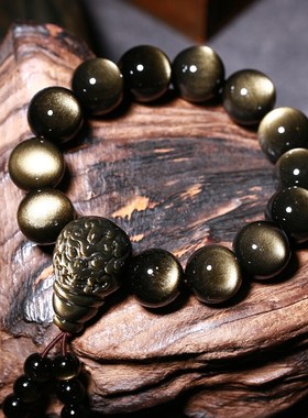 天然金曜石三通貔貅头手链颗颗双金眼财源广进皮丘手串男女款饰品