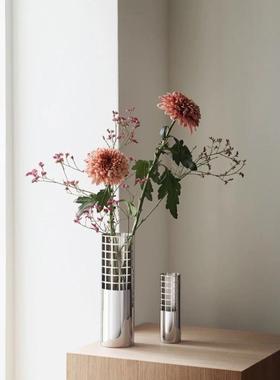 北欧轻奢银色不锈钢花瓶摆件客厅高端插花器简约ins风高级鲜花瓶