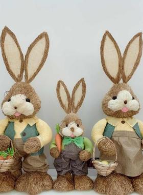 草编兔子幼儿园环创森系田园风手工草编动物兔子橱窗装饰拍摄道具