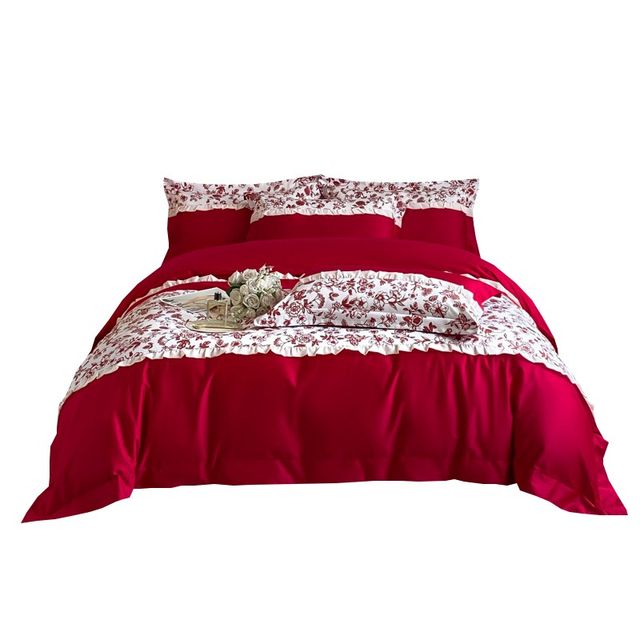 French retro A-class skin-friendly cotton wedding four-piece set red wedding quilt cover bed sheet new U-marriage dowry bedding