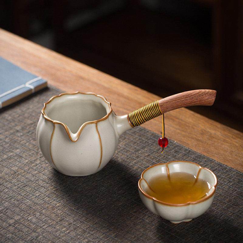 加厚汝窑公道杯陶瓷茶滤一体套装侧把公杯景德镇木把茶海茶具配件,淘宝优惠券,粉丝福利购,淘宝优惠卷