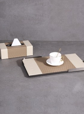 简约轻奢金属皮革纸巾盒饰品盒摆件客厅样板房U托盘相框装饰品