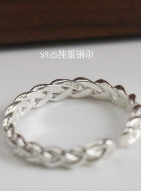 S925纯银简约INS风r编织戒指精制气质女士开口戒食指戒麻花闺蜜戒