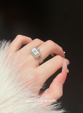 真金电镀锆石方形钟表链条开口戒指时尚百搭食指戒指环个性手饰女