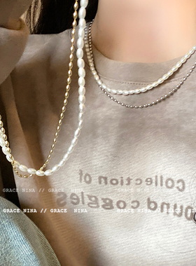 温柔风~法式米粒双层珍珠项链2024新款爆款锁骨链女高级感毛衣链