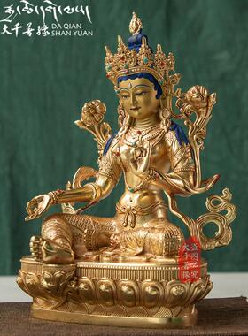 大千山源藏工艺9.1英寸厘米密宗绿度母佛像藏铜像纯铜鎏金饰品