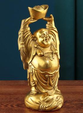 纯黄铜弥勒佛像摆件大肚佛手举金元宝笑佛布袋和尚开 业乔迁工艺