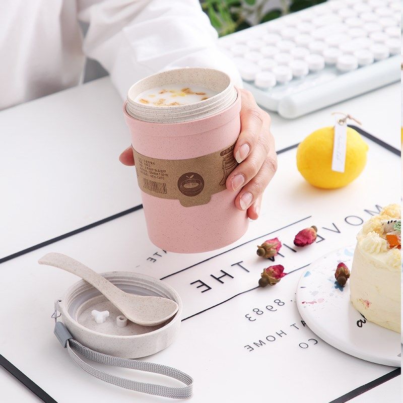 小麦秸秆随手杯早餐杯牛奶杯学生宿舍泡茶家用旅行纯色有盖带提绳,淘宝优惠券,粉丝福利购,淘宝优惠卷