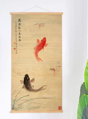 新中式锦鲤图案竹子挂画家居壁挂画定制尺寸九鱼图入户玄关装饰画