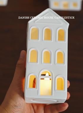 北欧一条街 出口丹麦简约房子造型陶瓷烛台 哑光建筑家居摆件高透