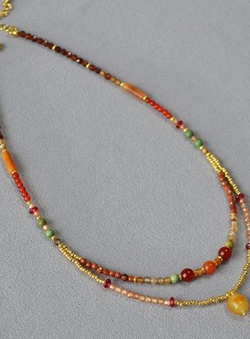 秋冬新款小众设计国潮新中式美拉德复古文艺真石串珠双层叠戴项链