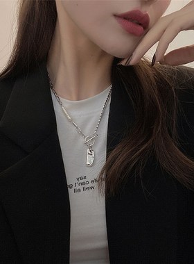韩国做旧风不规则珍珠颈链OT扣吊坠项链女2023年新款潮小众设计感