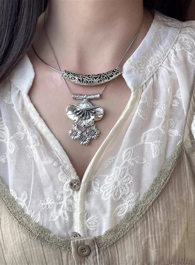 仿苗银项链叠戴锁骨细项圈女款个性复古民族风弯管吊坠女生饰品